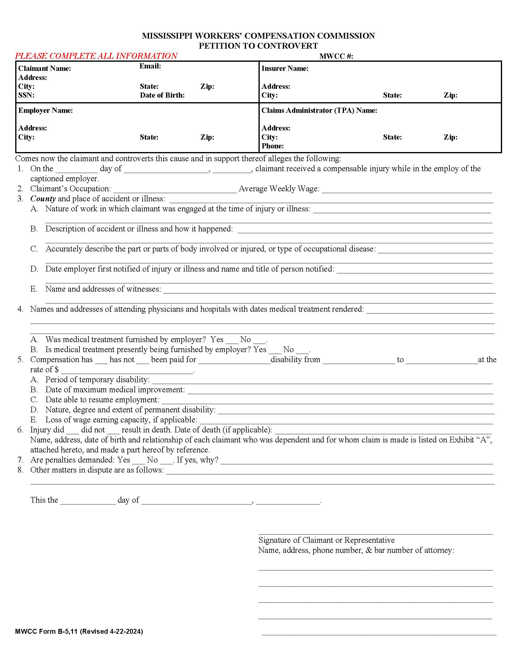 Petition To Controvert {B-5-11} | Pdf Fpdf Doc Docx | Mississippi