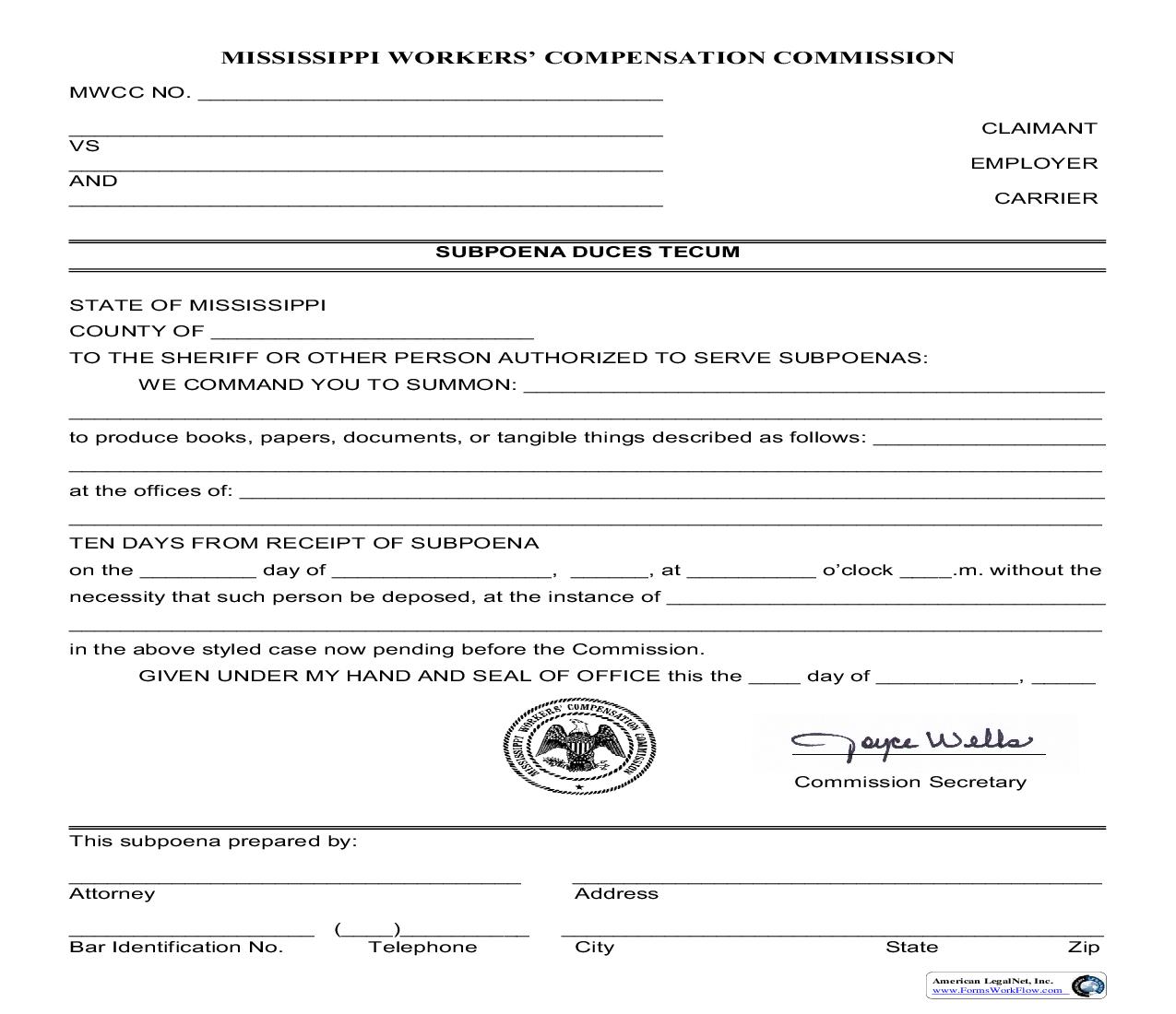 Subpoena Duces Tecum | Pdf Fpdf Doc Docx | Mississippi