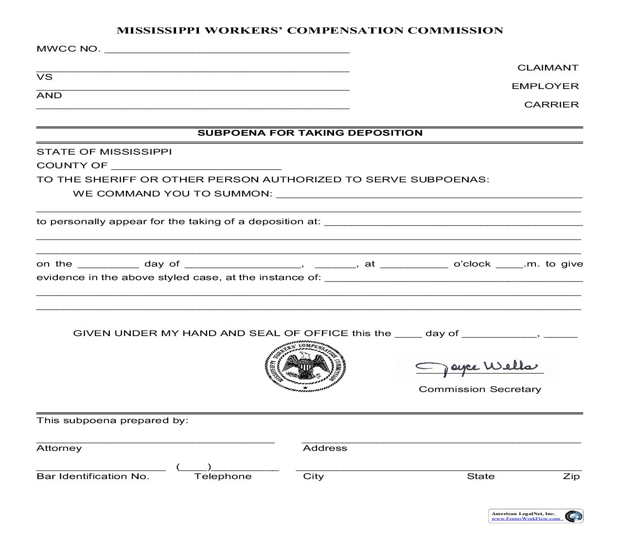 Subpoena For Taking Deposition | Pdf Fpdf Doc Docx | Mississippi