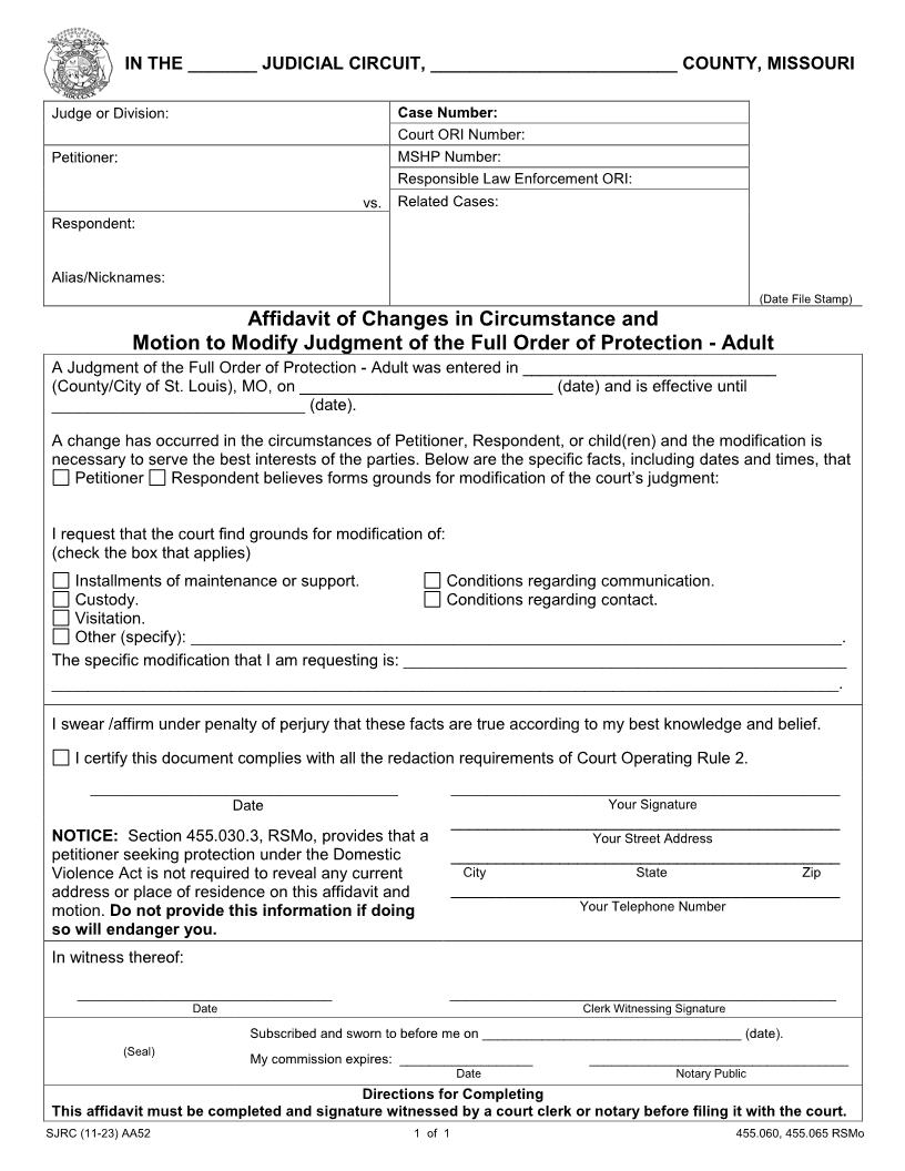 Affidavit Of Changes In Circumstance And Motion To Modify Adult Abuse Stalking Judgment {AA52} | Pdf Fpdf Doc Docx | Missouri