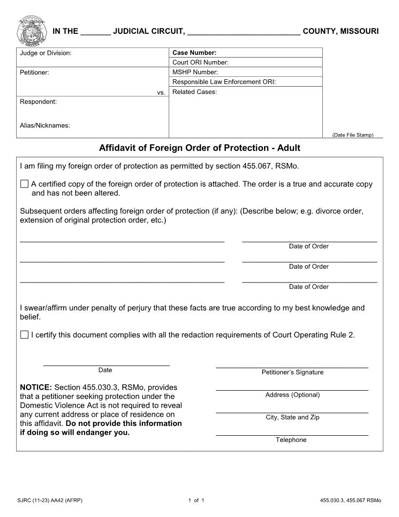 Affidavit Of Foreign Order Of Protection {AA42} | Pdf Fpdf Docx | Missouri