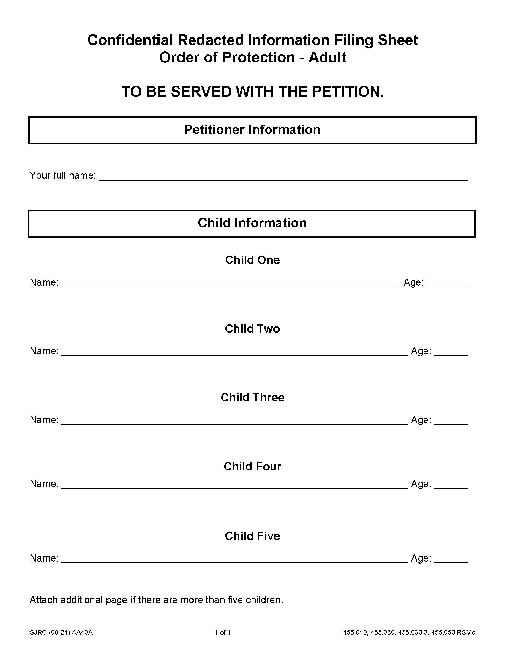 Confidential Redacted Information Filing Sheet {AA40A} | Pdf Fpdf Docx | Missouri
