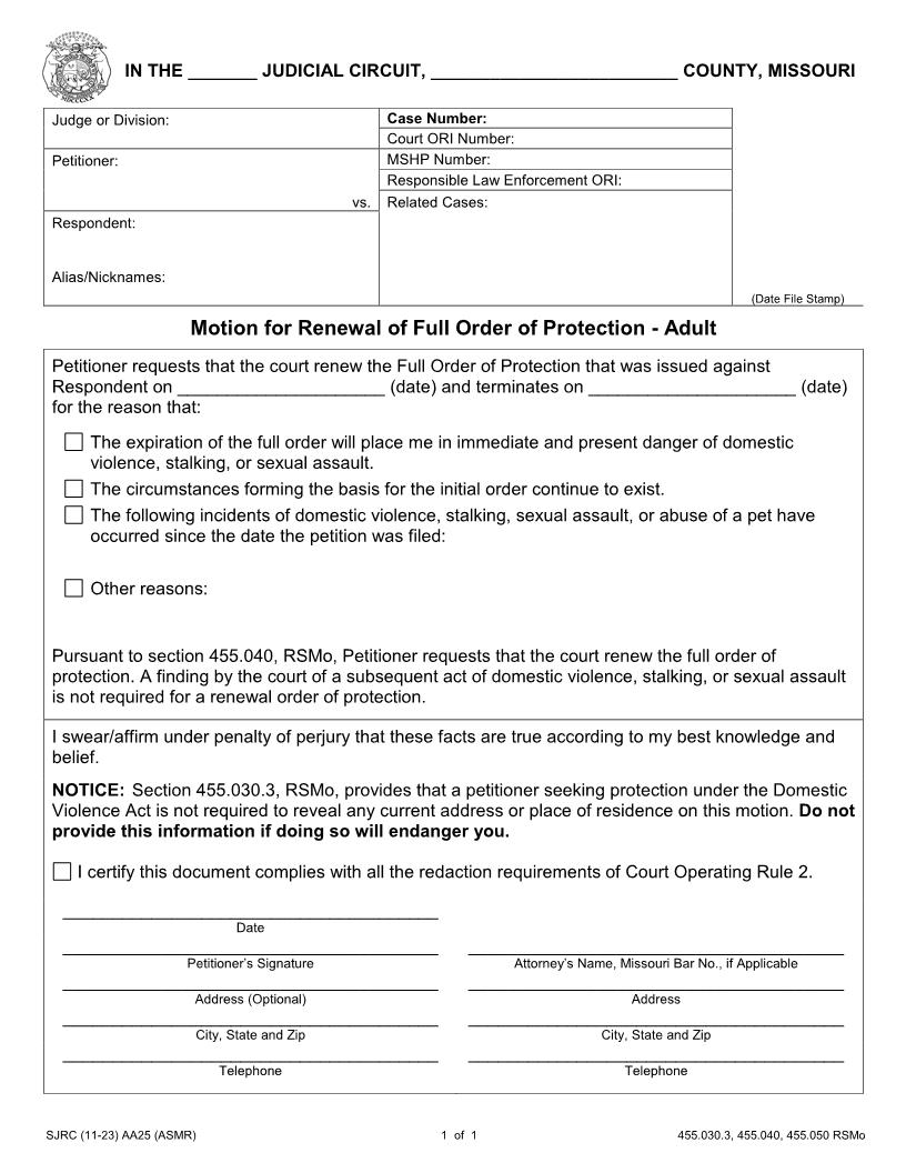 Motion For Renewal Of Full Order Of Protection {AA25} | Pdf Fpdf Doc Docx | Missouri