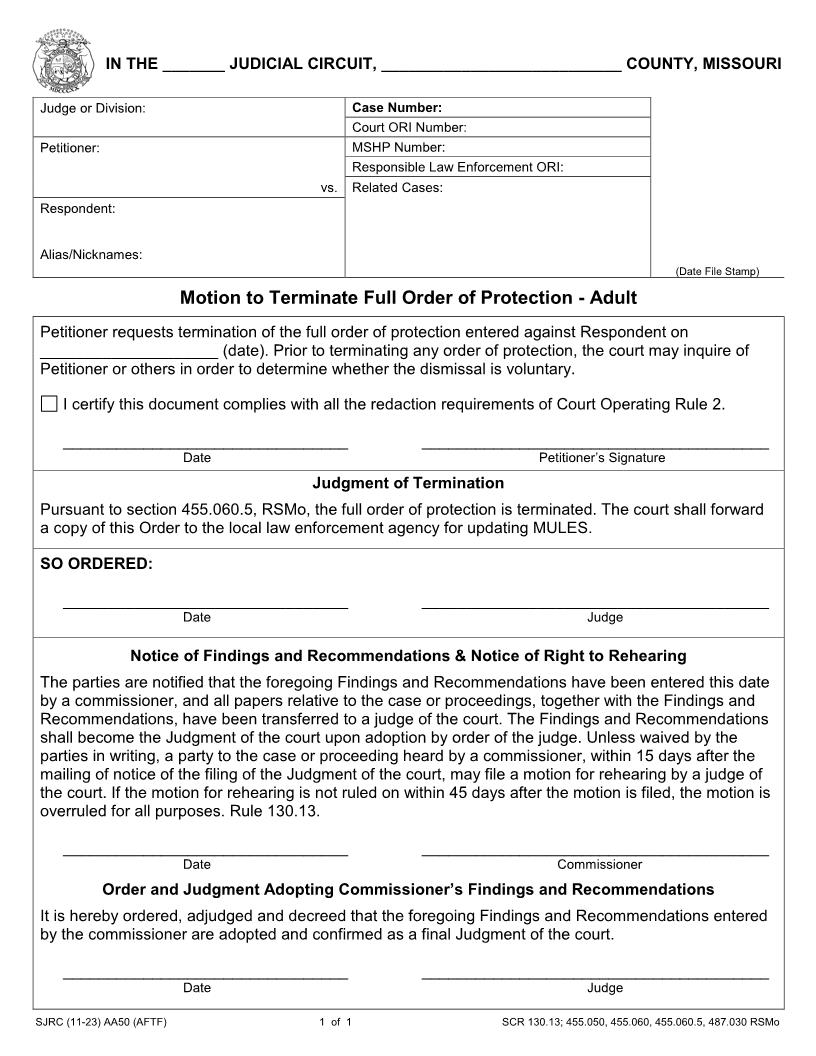 Motion To Terminate Full Order Of Protection - Adult {AA50} | Pdf Fpdf Docx | Missouri