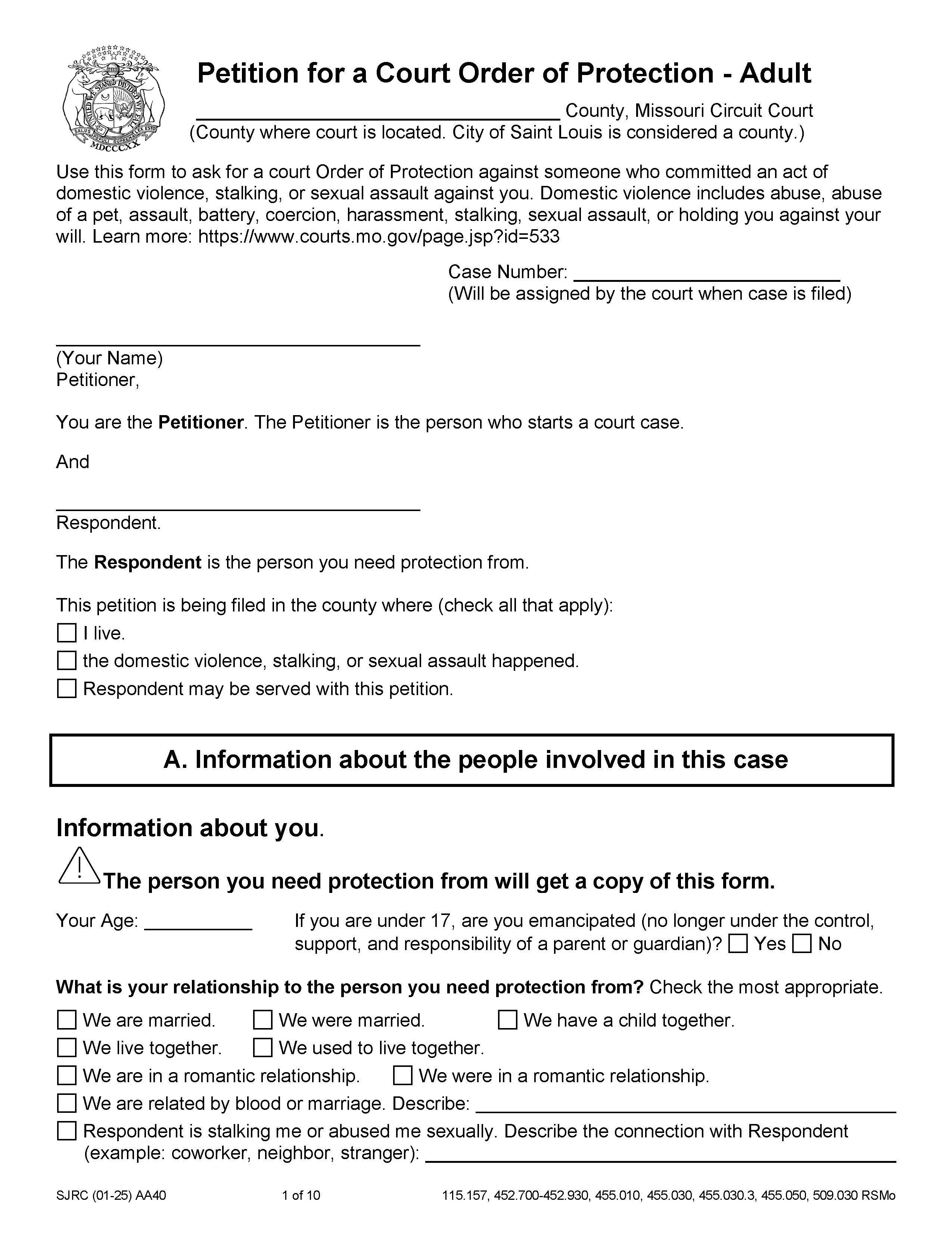 Petition For Order Of Protection {AA40} | Pdf Fpdf Doc Docx | Missouri