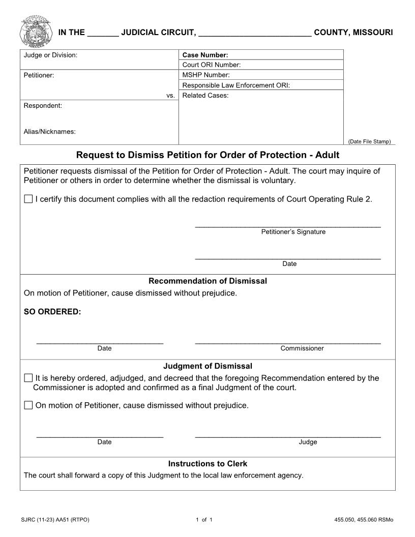 Request To Dismiss Petition For Order Of Protection - Adult {AA51} | Pdf Fpdf Docx | Missouri