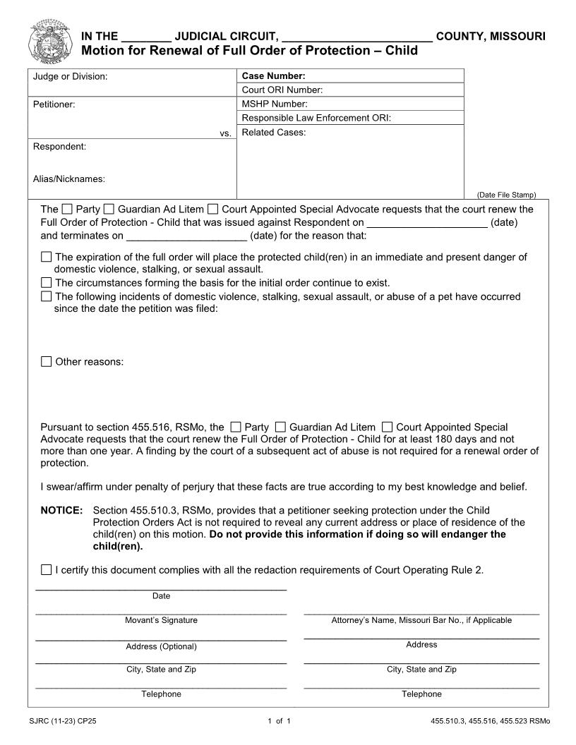 Motion For Renewal Of Full Order Of Child Protection {CP25} | Pdf Fpdf Doc Docx | Missouri