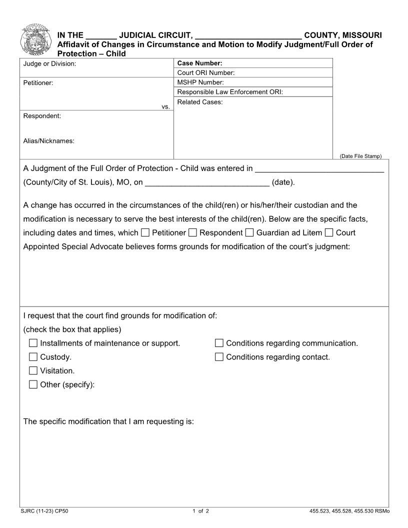 Motion To Modify Judgment-Full Order Of Trial Protection {CP50} | Pdf Fpdf Doc Docx | Missouri