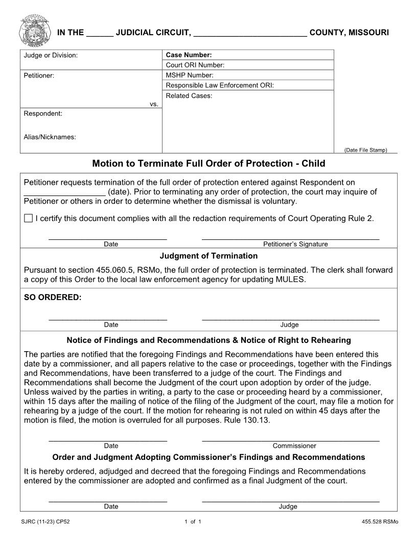 Motion To Terminate Order Of Protection {CP52} | Pdf Fpdf Docx | Missouri