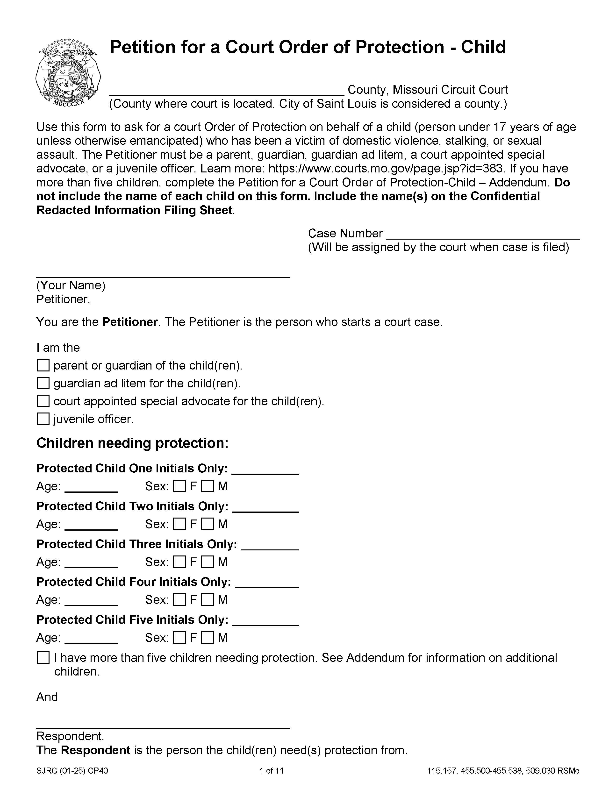 Petition For Order Of Child Protection {CP40} | Pdf Fpdf Doc Docx | Missouri
