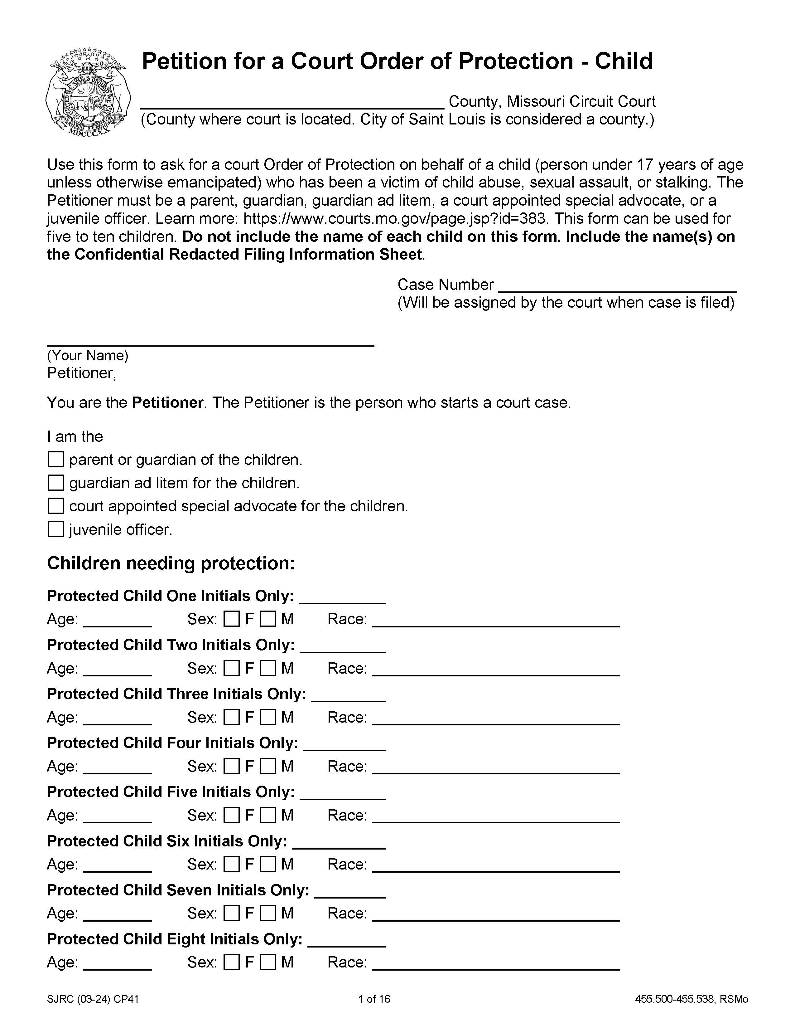 Petition For Order Of Child Protection (10 Children) {CP41} | Pdf Fpdf Doc Docx | Missouri