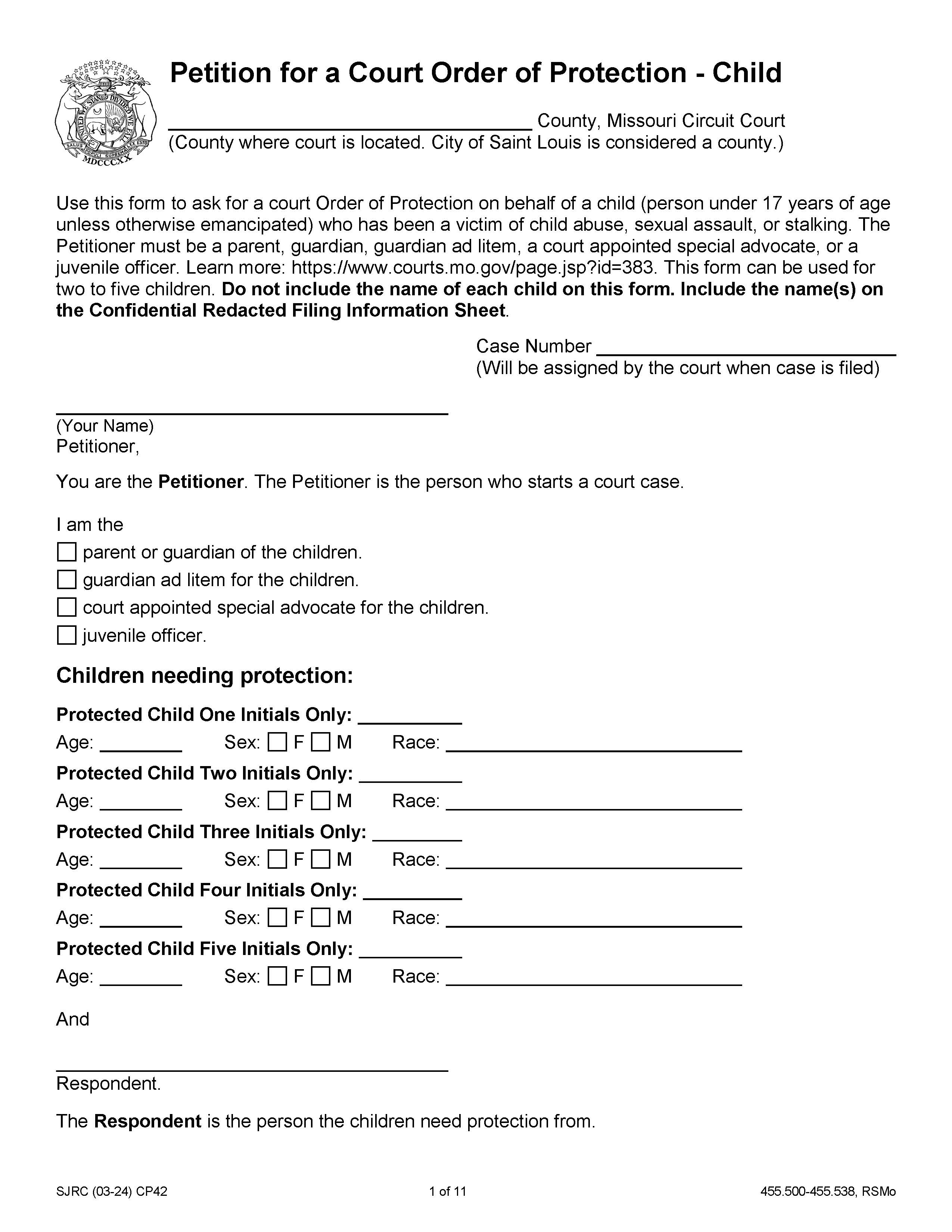 Petition For Order Of Child Protection (5 Children) {CP42} | Pdf Fpdf Doc Docx | Missouri