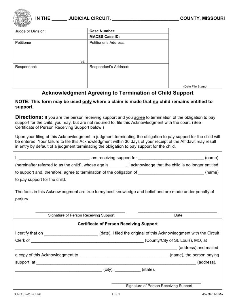 Acknowledgment Agreeing to Termination of Child Support {CS96} | Pdf Fpdf Doc Docx | Missouri
