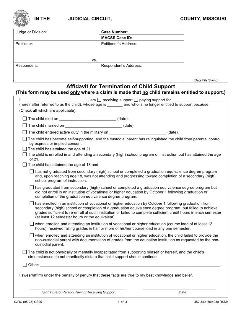 Affidavit For Termination of Child Support {CS95} | Pdf Fpdf Docx | Missouri