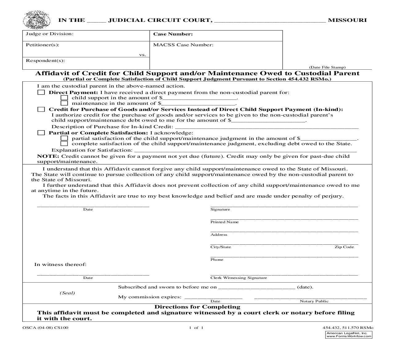 Affidavit Of Credit For Child Support {CS100} | Pdf Fpdf Doc Docx | Missouri