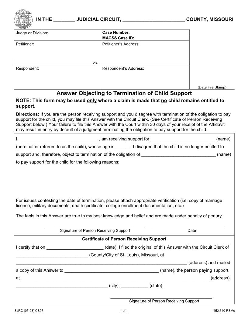 Answer Objecting to Termination of Child Support {CS97} | Pdf Fpdf Doc Docx | Missouri