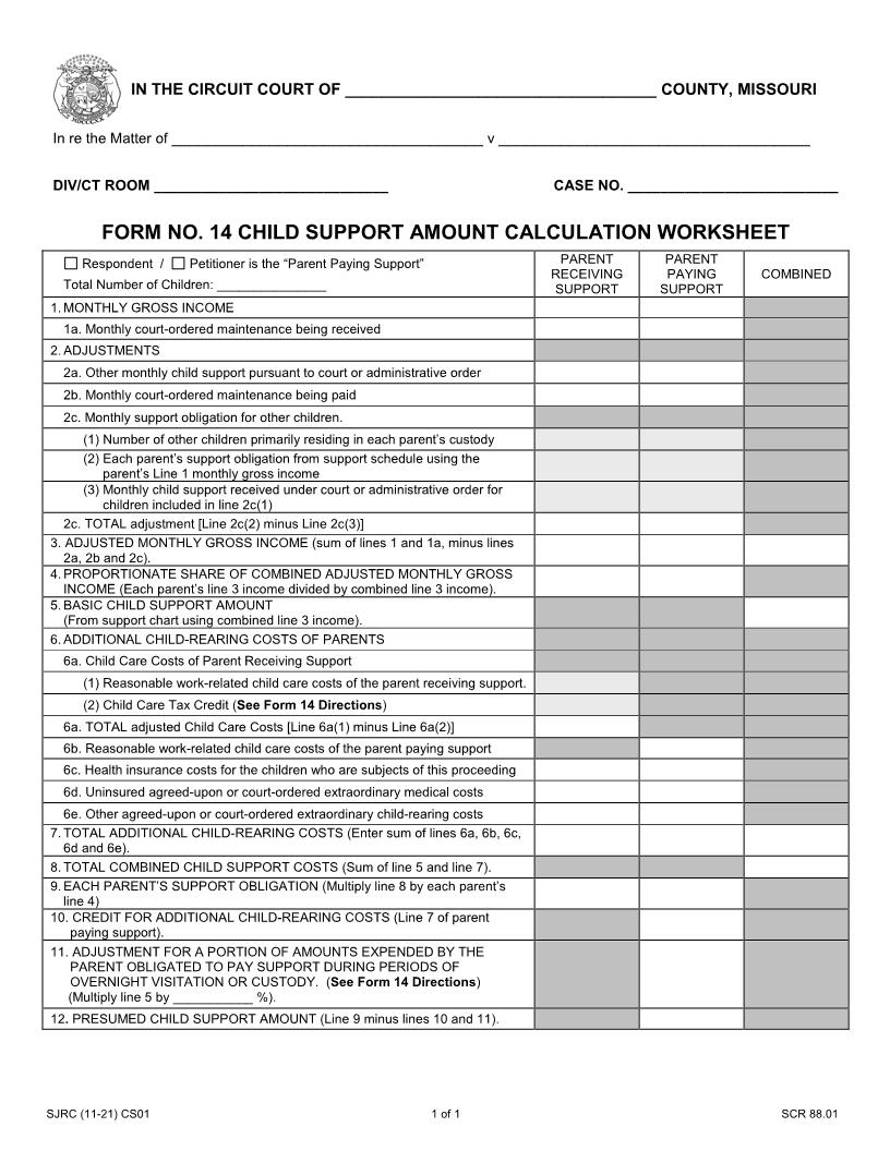 Child Support Amount Calculation Worksheet {CS01} | Pdf Fpdf Docx | Missouri