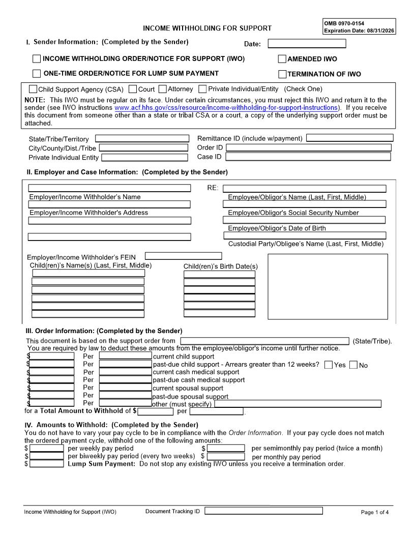 Income Withholding For Support {OMB-0970-0154} | Pdf Fpdf Docx | Missouri