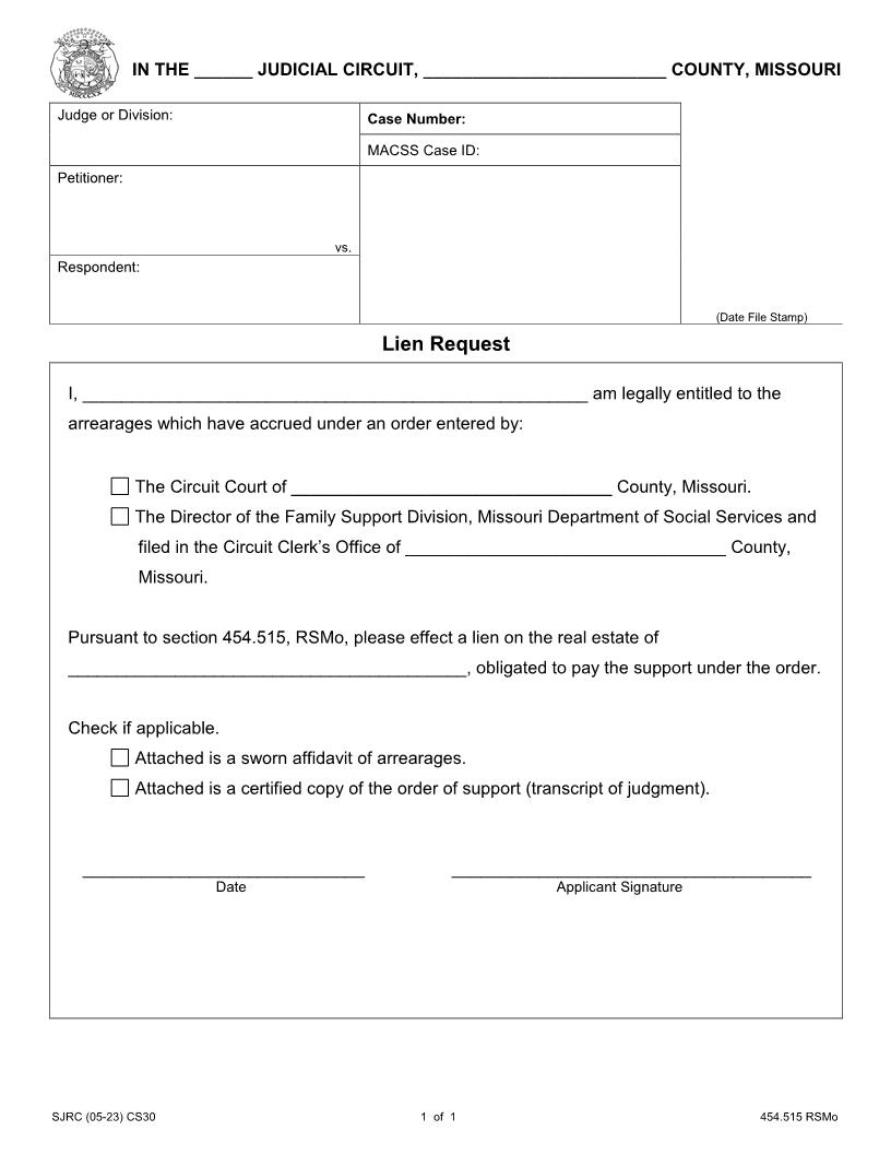 Lien Request {CS30} | Pdf Fpdf Doc Docx | Missouri