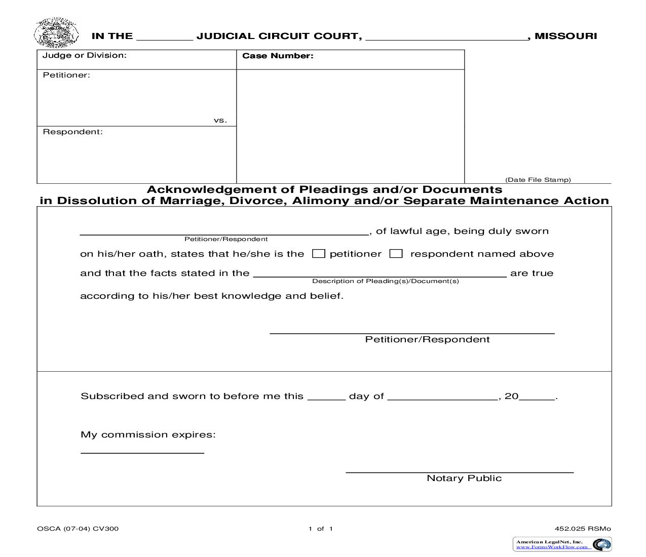 Acknowledgement Of Pleadings And Or Documents In Dissolution Of Marriage {CV300} | Pdf Fpdf Doc Docx | Missouri