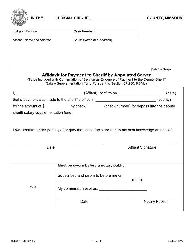 Affidavit For Payment To Sheriff By Appointed Server {CV355} | Pdf Fpdf Docx | Missouri