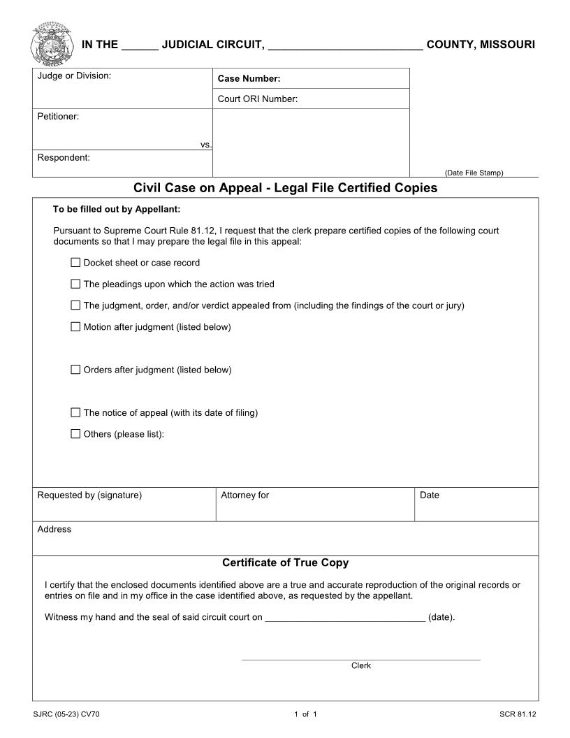 Civil Case On Appeal Legal File Certified Copies {CV70} | Pdf Fpdf Docx | Missouri