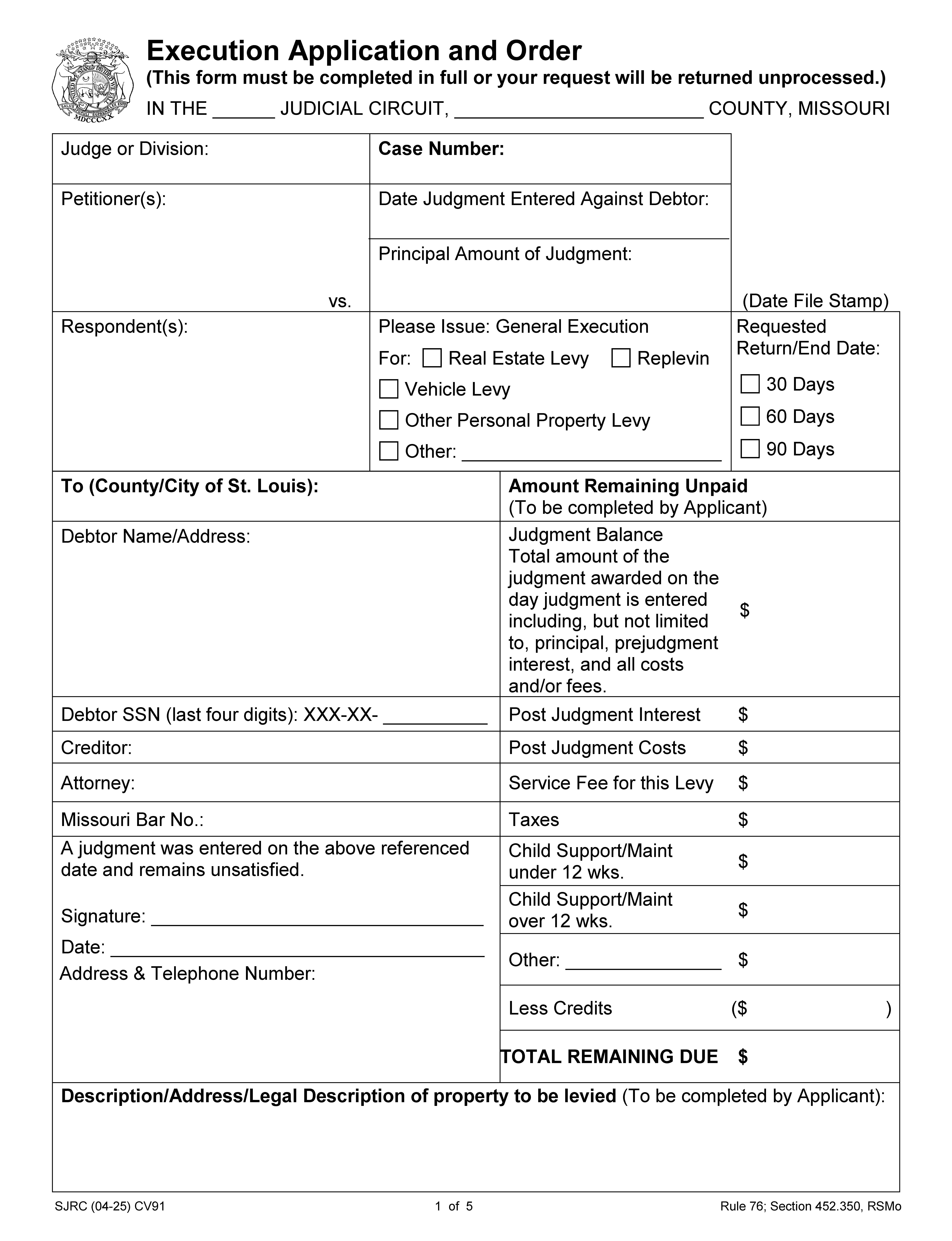 Execution Application And Order {CV91} | Pdf Fpdf Doc Docx | Missouri