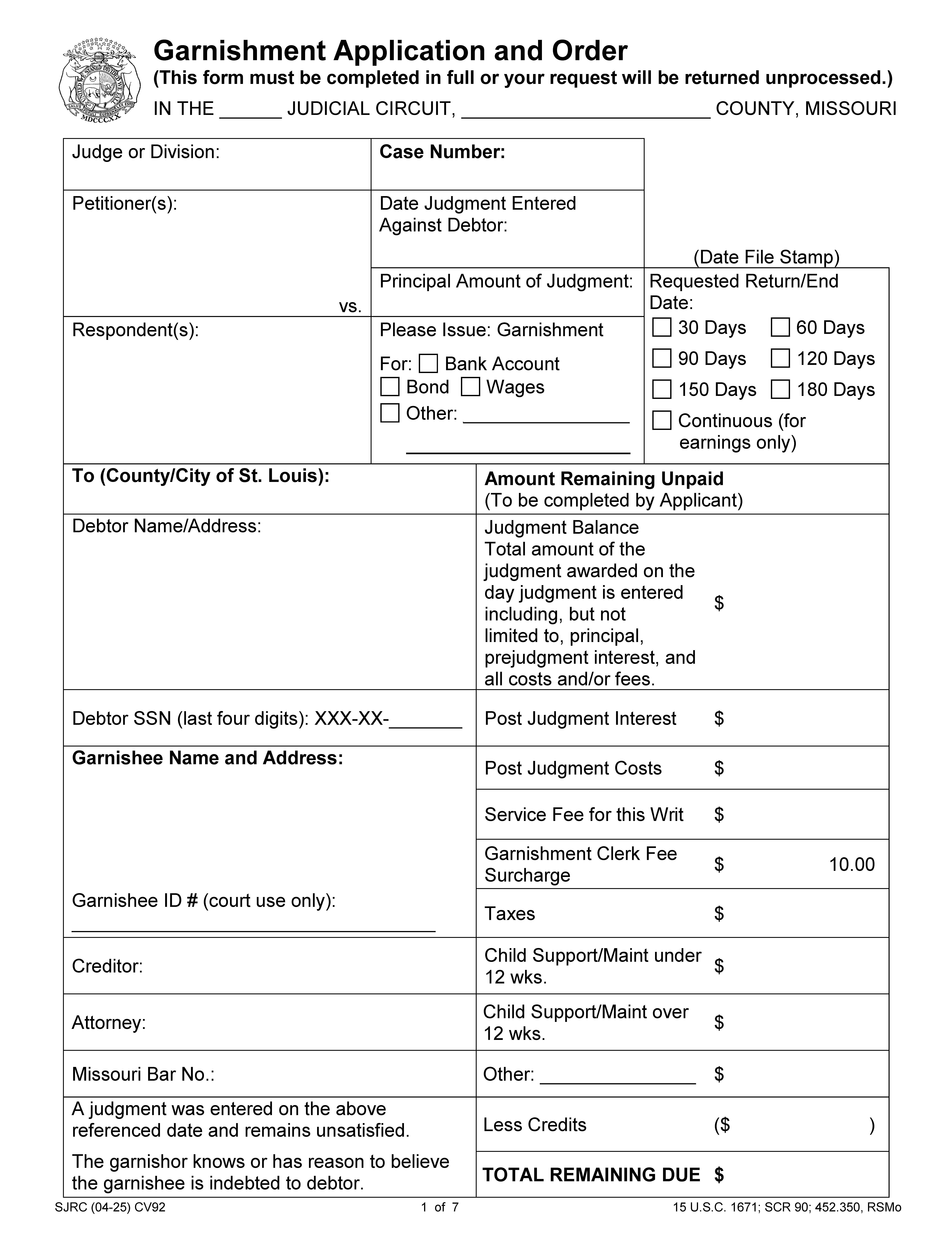 Garnishment Application And Order {CV92} | Pdf Fpdf Docx | Missouri