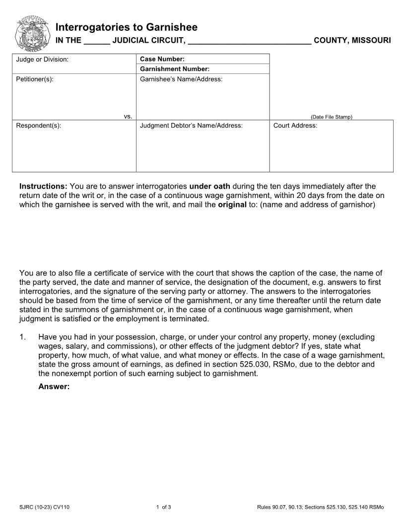 Interrogatories To Garnishee {CV110} | Pdf Fpdf Doc Docx | Missouri