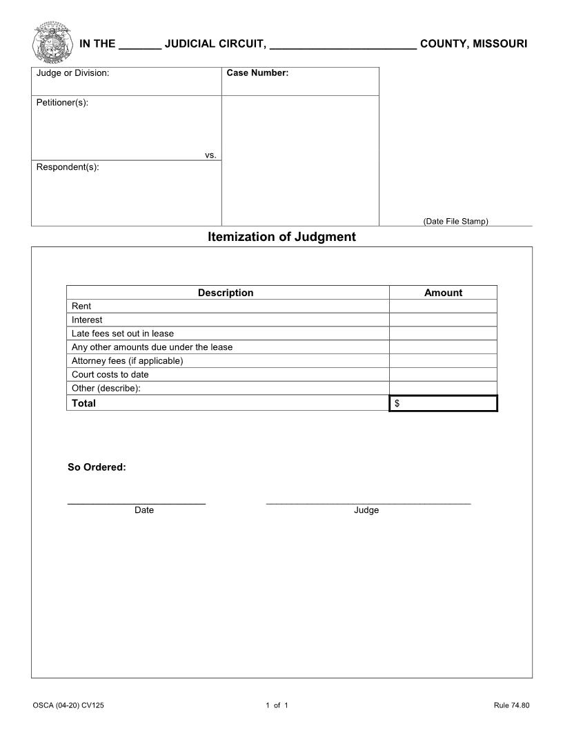 Itemization Of Judgment {CV125} | Pdf Fpdf Docx | Missouri