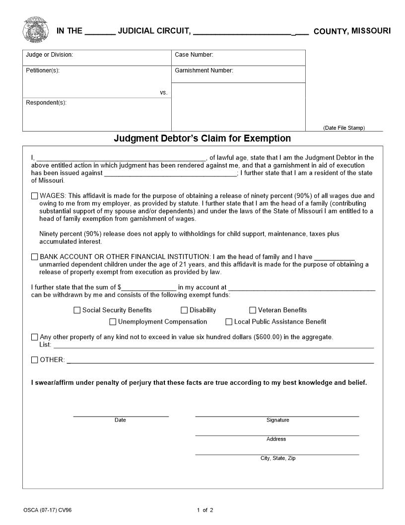 Judgment Debtors Claim For Exemption {CV96} | Pdf Fpdf Docx | Missouri