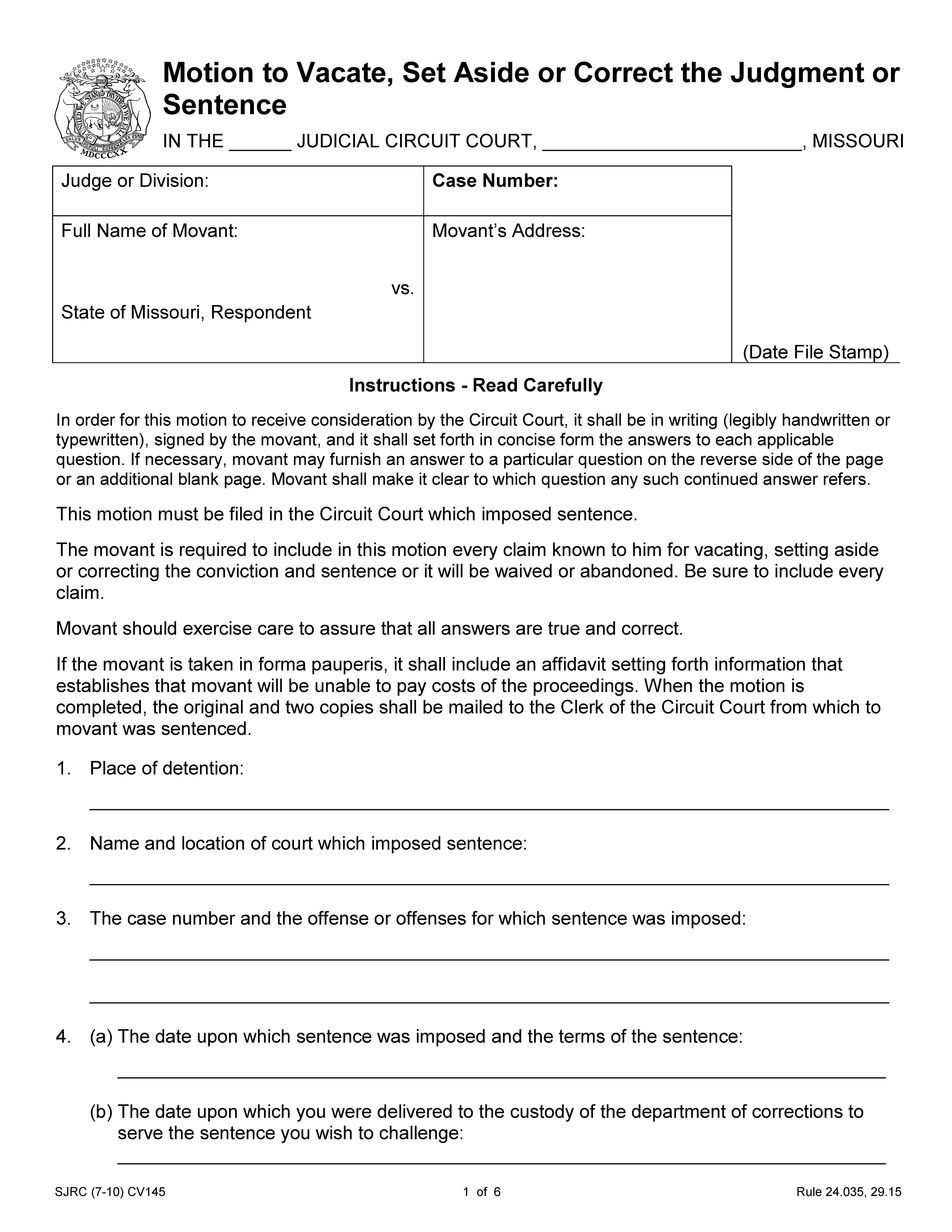 Motion To Vacate, Set Aside Or Correct Judgment Or Sentence {CV145} | Pdf Fpdf Doc Docx | Missouri