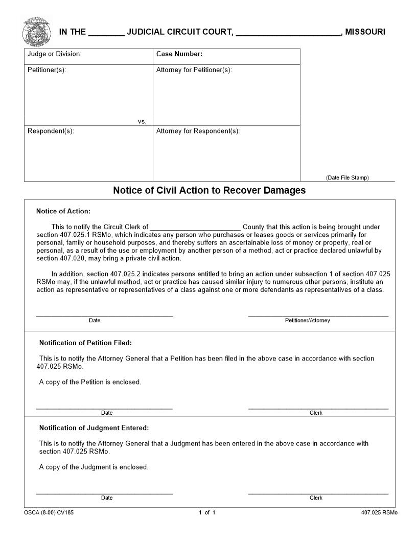 Notice Of Civil Action To Recover Damages {CV185} | Pdf Fpdf Docx | Missouri