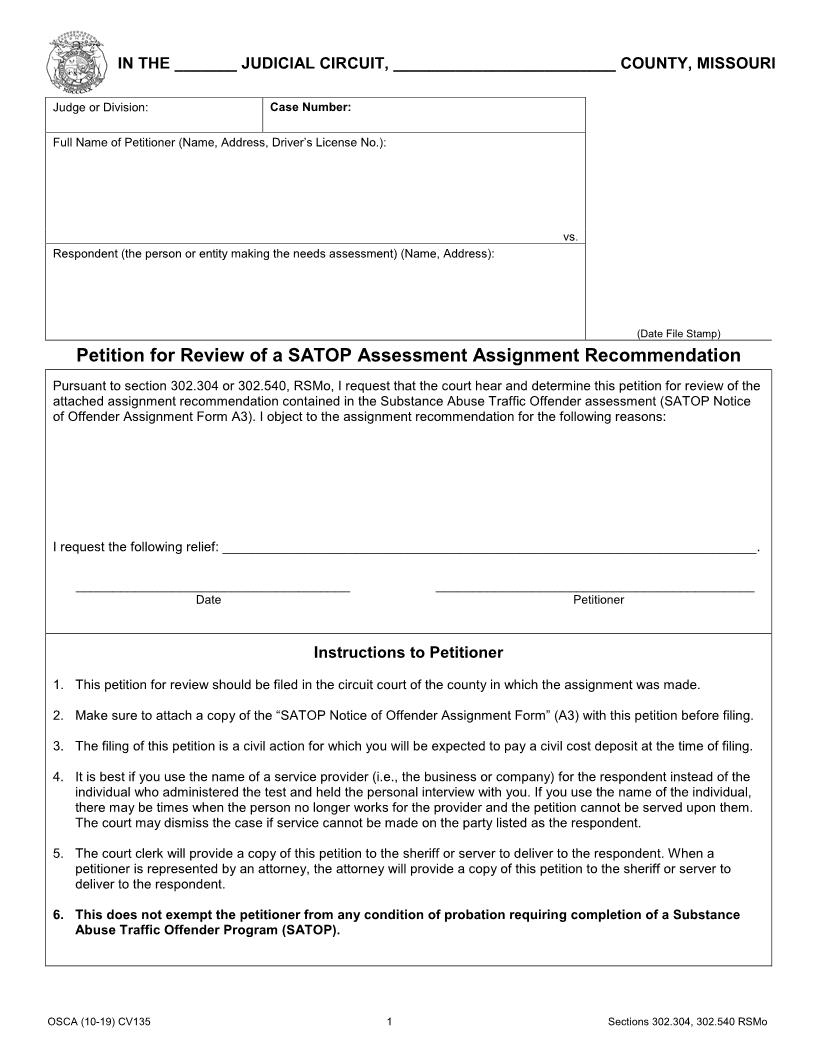 Petition For Review Of A SATOP Assessment Assignment Recommendation {CV135} | Pdf Fpdf Doc Docx | Missouri