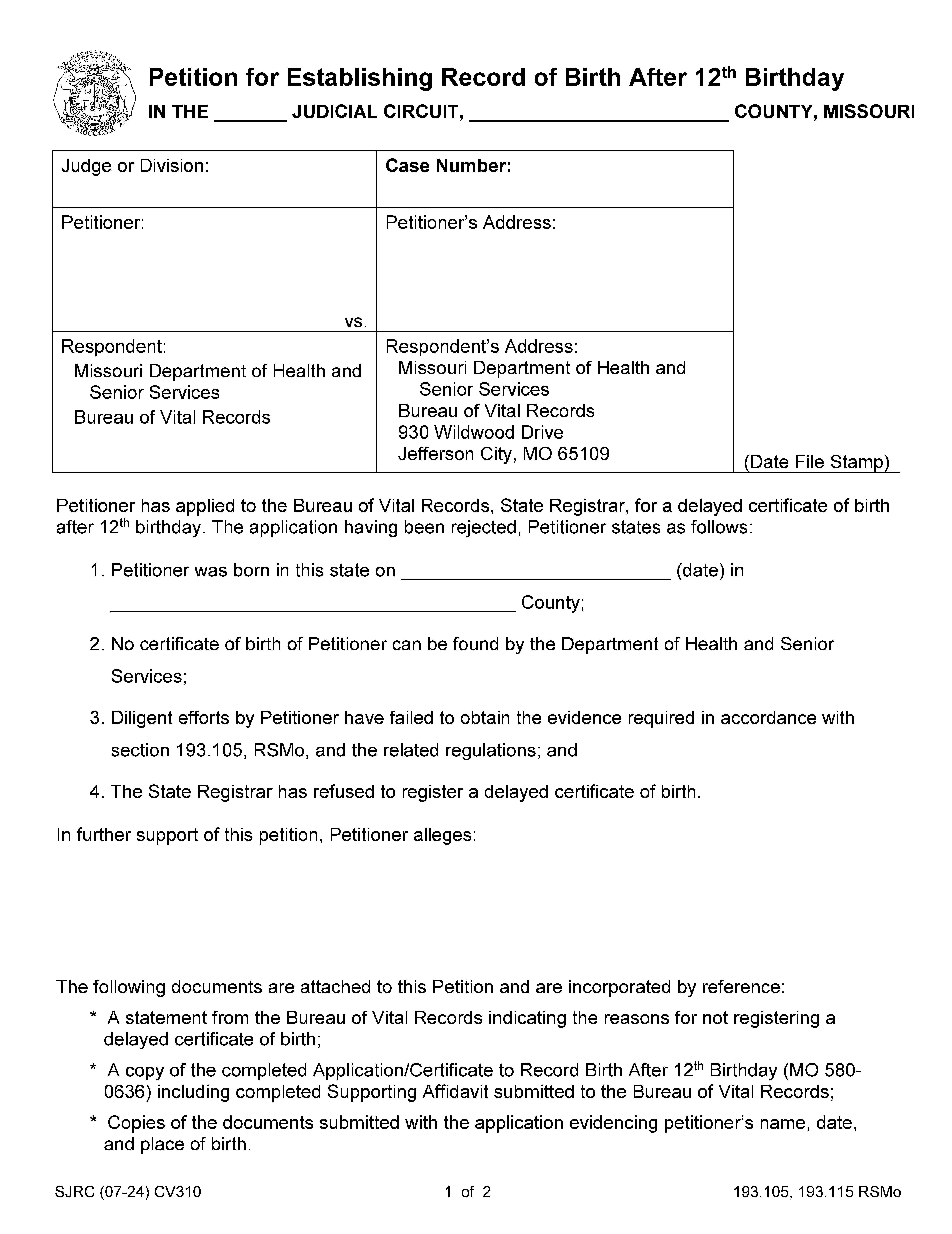 Petition for Establishing Record of Birth {CV310} | Pdf Fpdf Doc Docx | Missouri