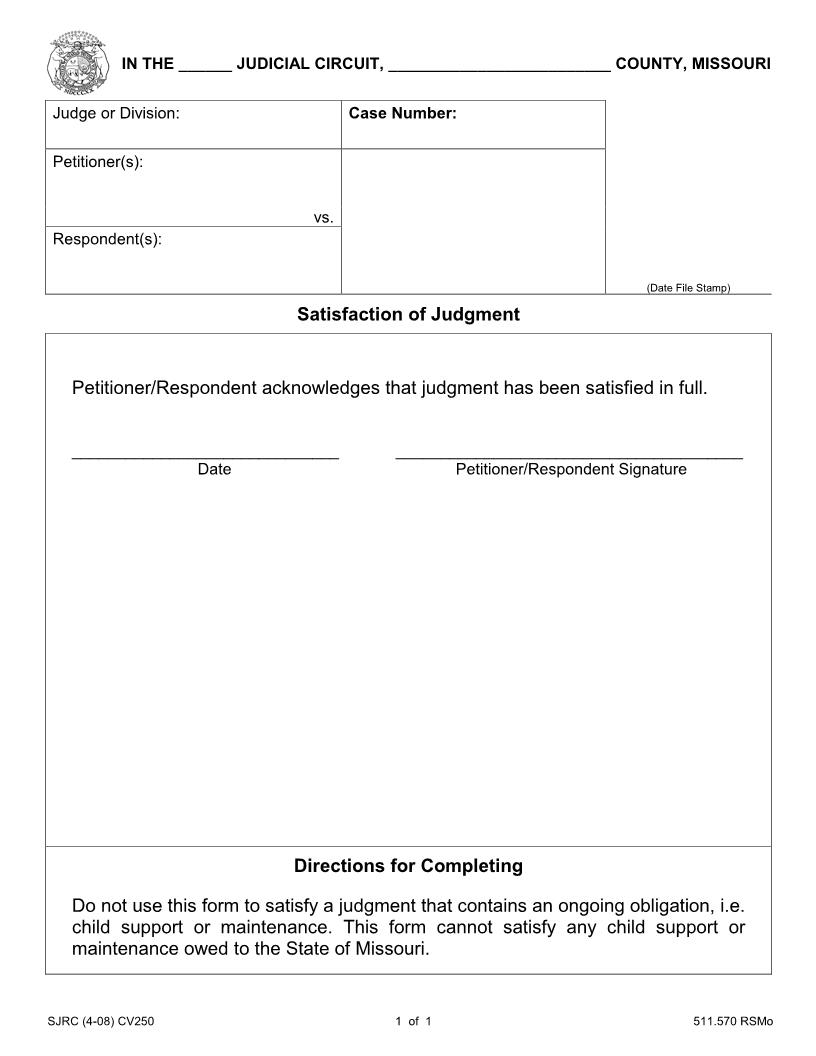 Satisfaction Of Judgment {CV250} | Pdf Fpdf Doc Docx | Missouri
