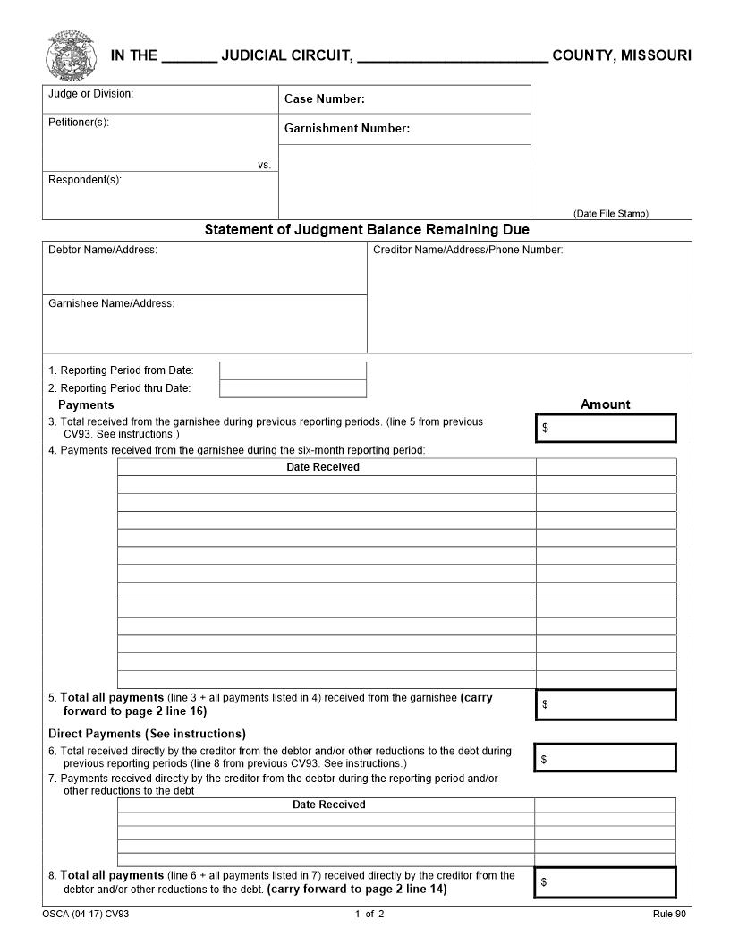 Statement Of Judgment Balance Remaining Due {CV93} | Pdf Fpdf Docx | Missouri