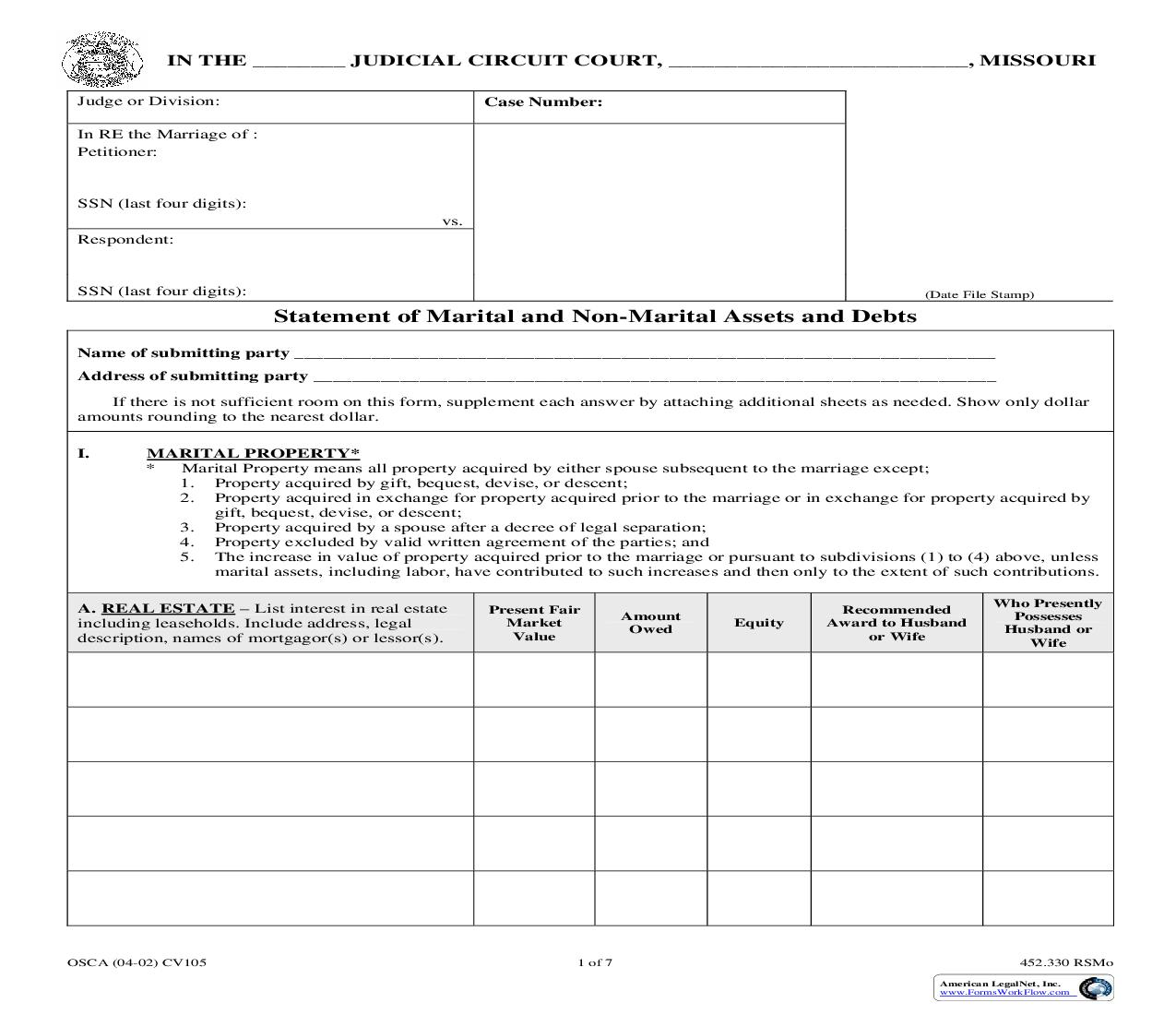 Statement Of Marital And Non-Marital Assets And Debts {CV105} | Pdf Fpdf Doc Docx | Missouri