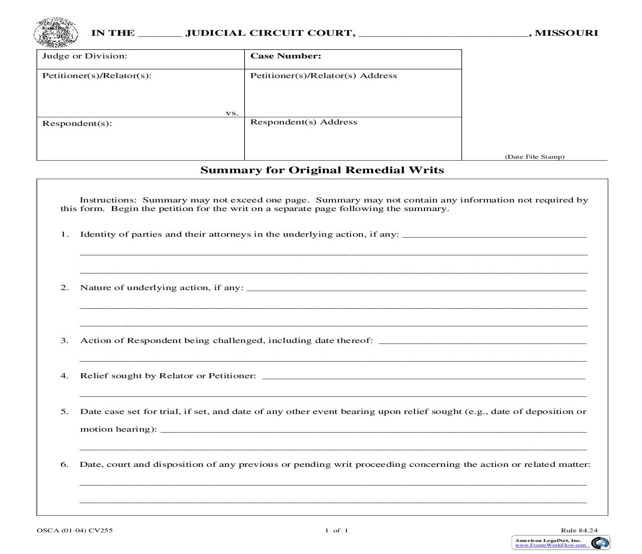 Summary For Original Remedial Writs {CV255} | Pdf Fpdf Doc Docx | Missouri
