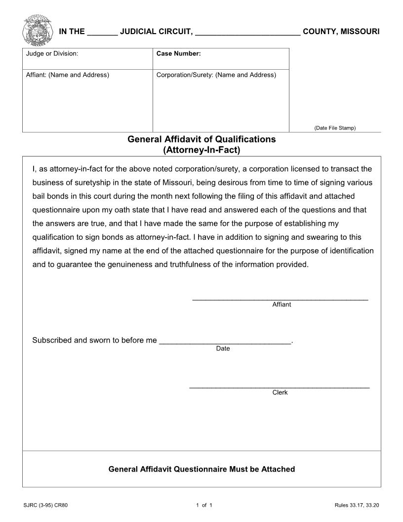 General Affidavit Of Qualifications (Attorney-In-Fact) {CR80} | Pdf Fpdf Doc Docx | Missouri