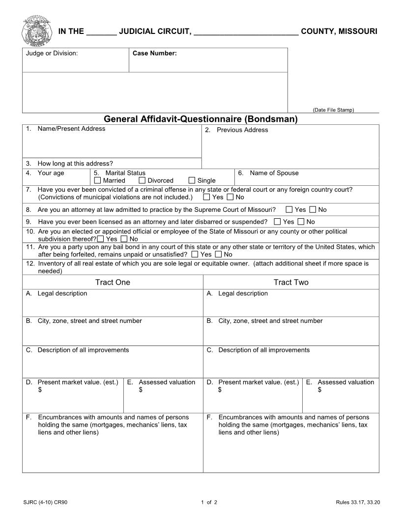 General Affidavit-Questionnaire (Bondsman) {CR90} | Pdf Fpdf Doc Docx | Missouri