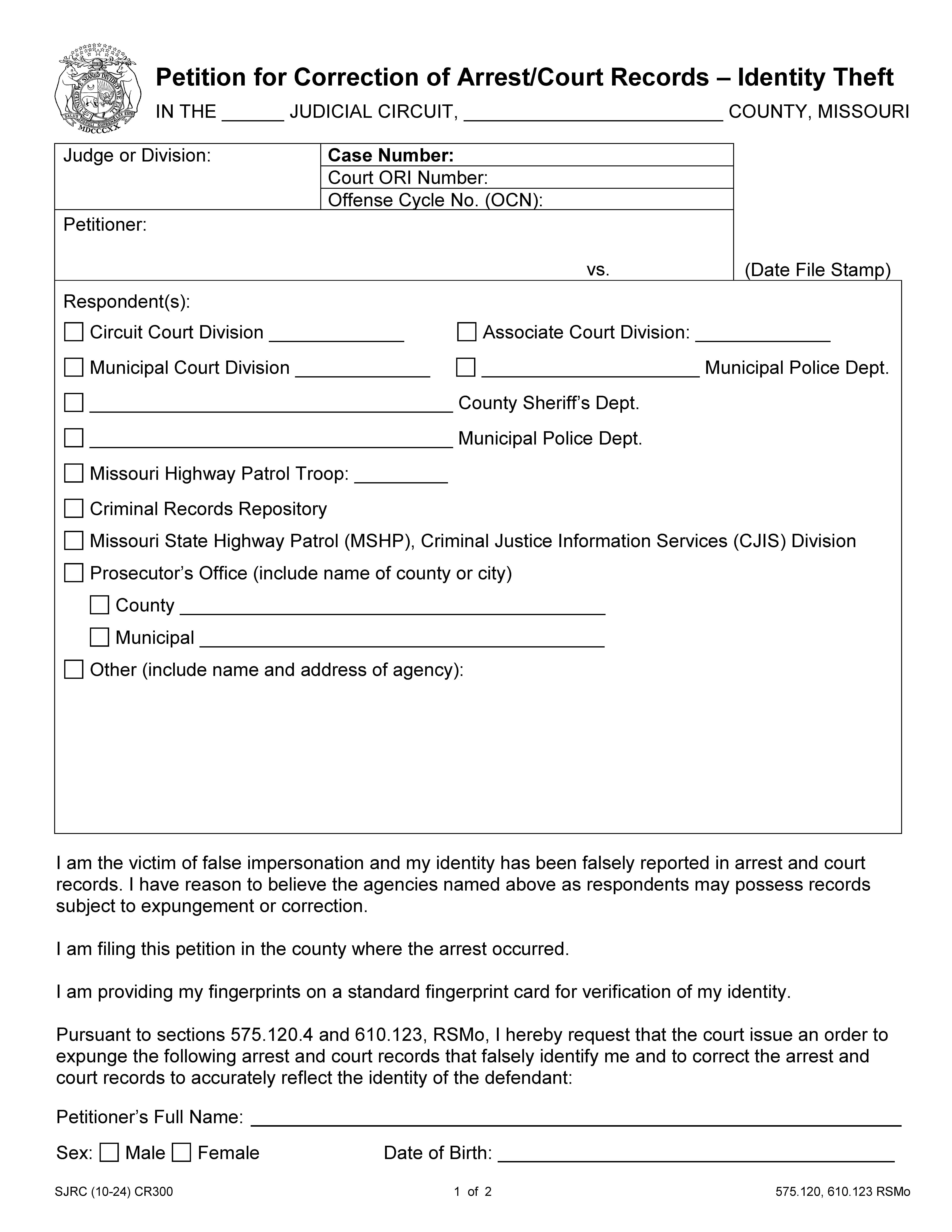 Petition For Correction (Identity Theft) {CR300} | Pdf Fpdf Doc Docx | Missouri
