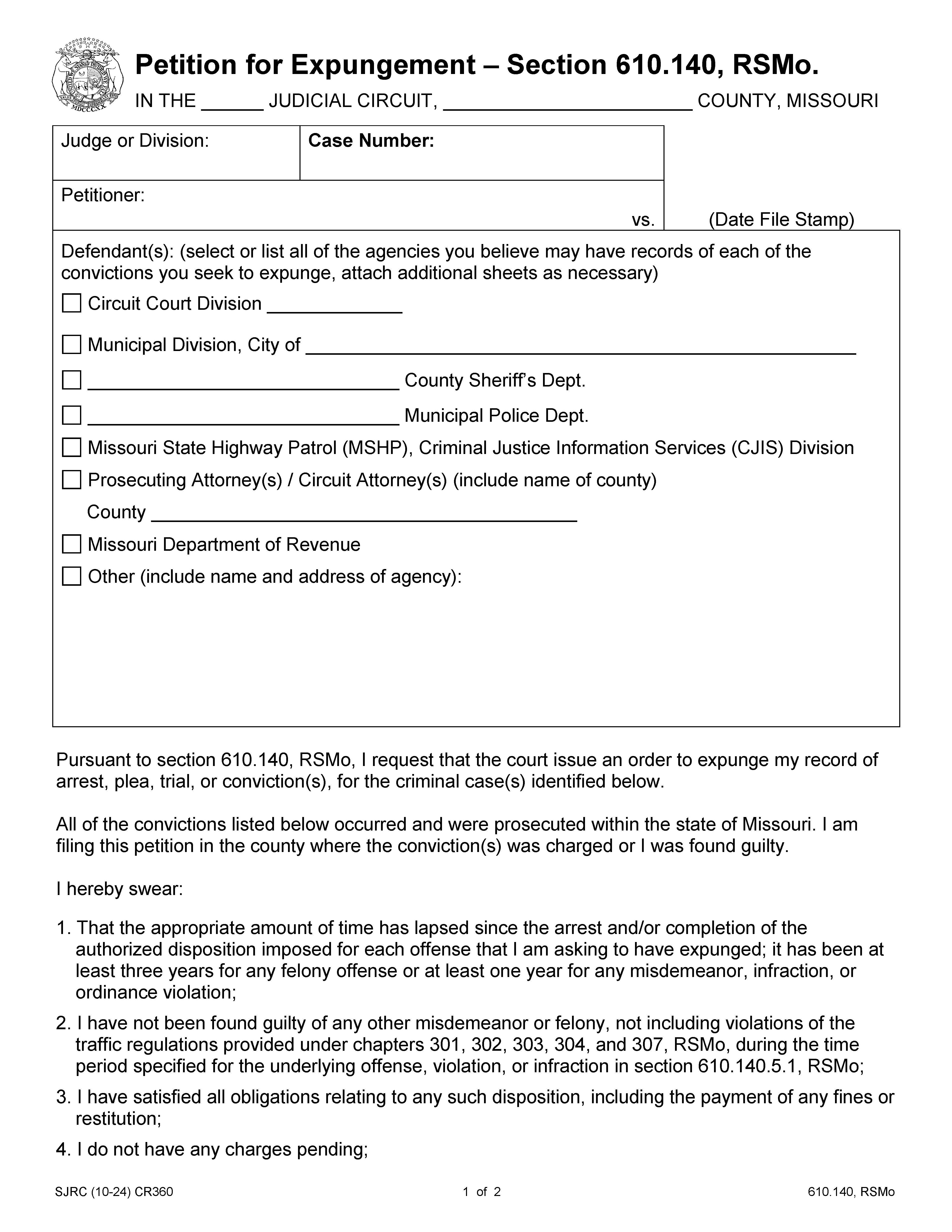 Petition For Expungement {CR360} | Pdf Fpdf Docx | Missouri