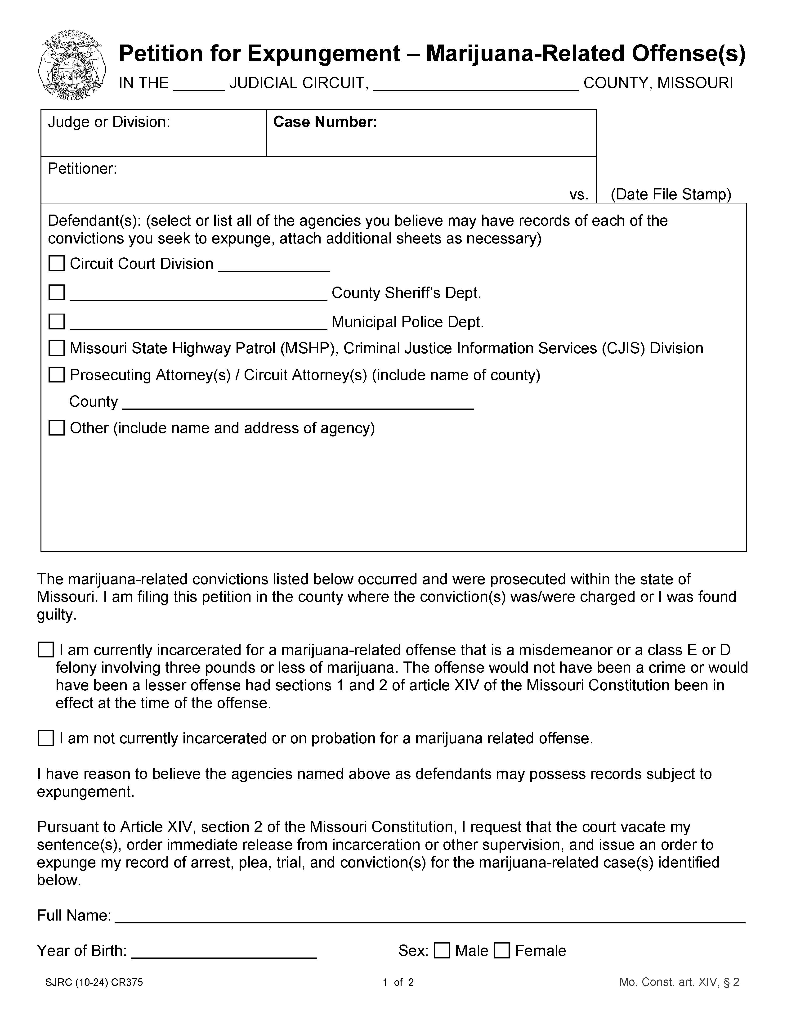 Petition For Expungement - Marijuana Related Offense {CR375} | Pdf Fpdf Docx | Missouri