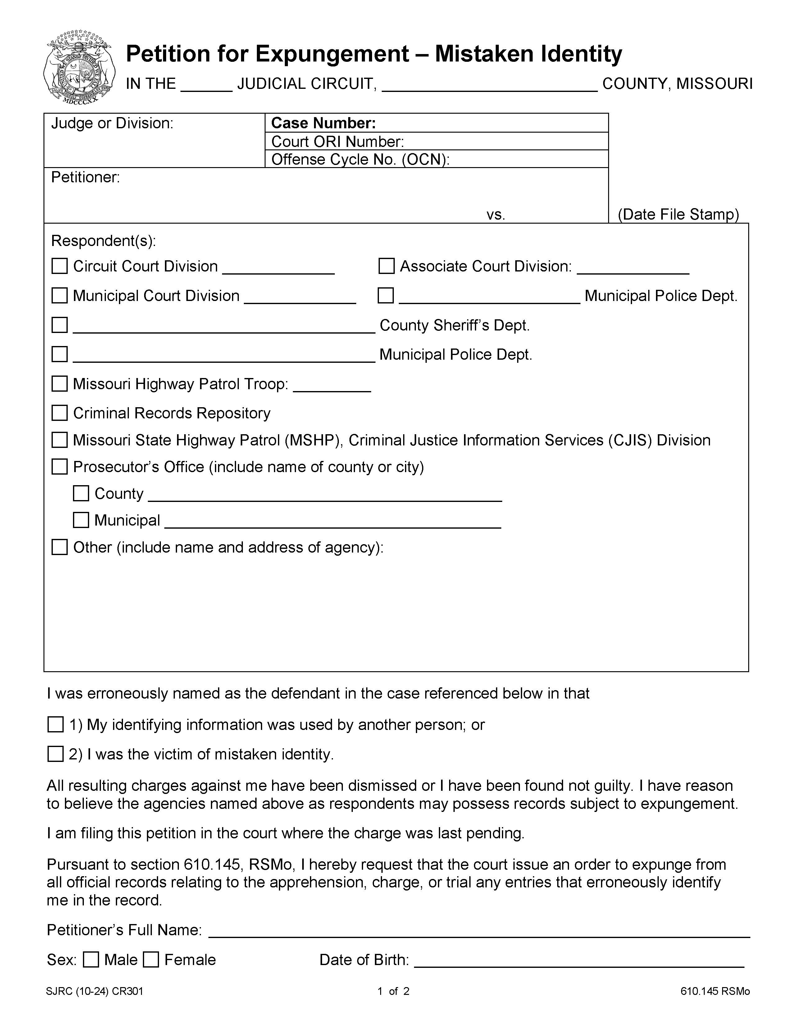Petition For Expungement - Mistaken Identity {CR301} | Pdf Fpdf Docx | Missouri