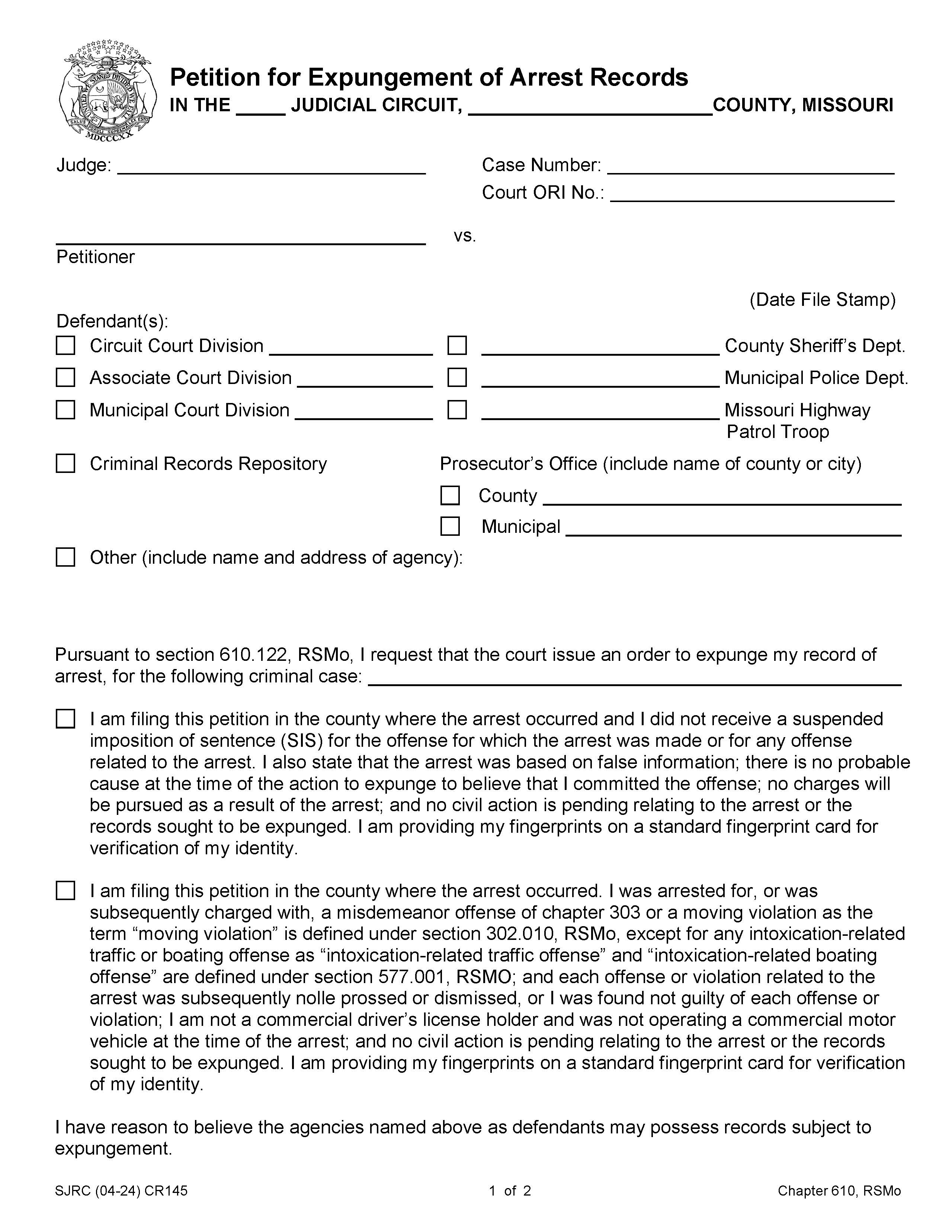 Petition for Expungement of Arrest Records {CR145} | Pdf Fpdf Doc Docx | Missouri