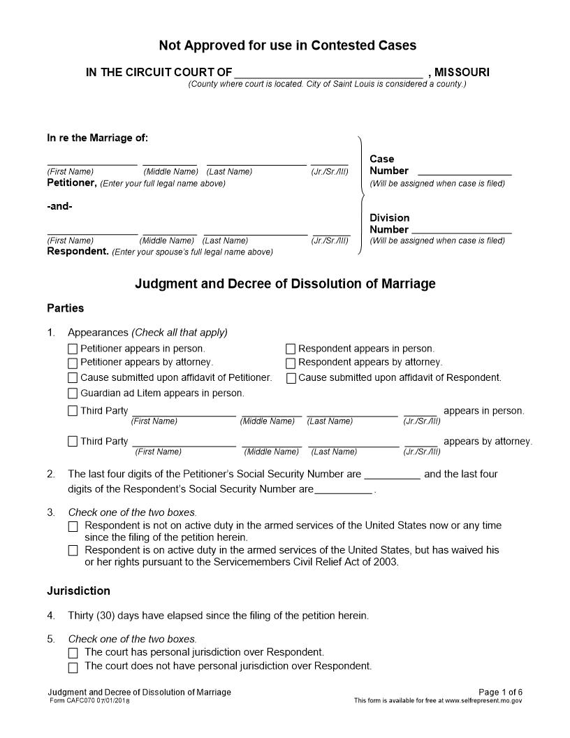 Judgment and Decree of Dissolution of Marriage {CAFC070 } | Pdf Fpdf Docx | Missouri