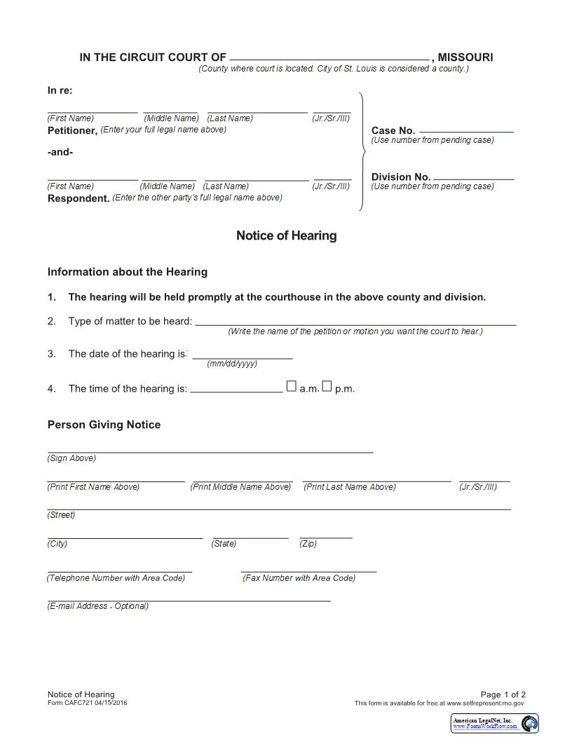 Notice Of Hearing {CAFC721} |  | Missouri
