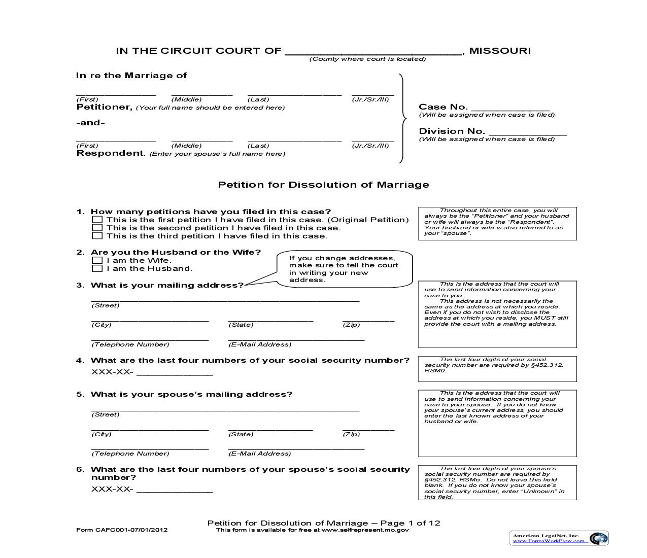 Petition For Dissolution Of Marriage {CAFC001} | Pdf Fpdf Doc Docx | Missouri