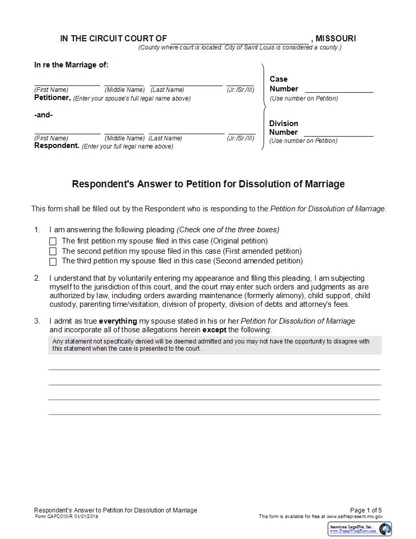 Respondents Answer To Petition For Dissolution Of Marriage {CAFC010} |  | Missouri